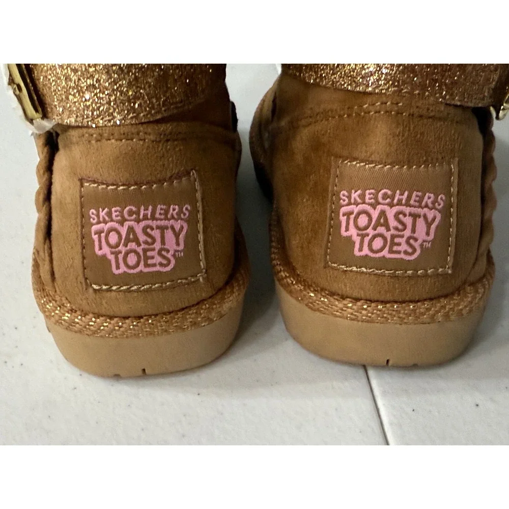 Skechers Toasty Toes Kids Brown Faux Suede Glitter Buckle Boots Zip Up Sz 12